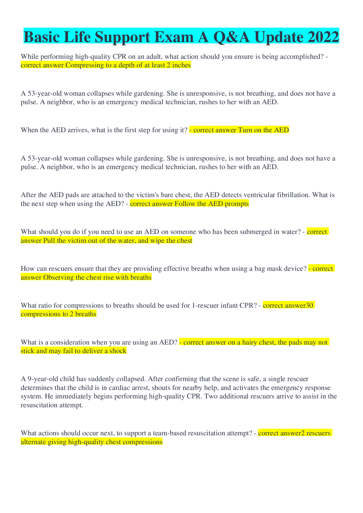 Basic Life Support Exam A Q&A Update 2022 Browsegrades